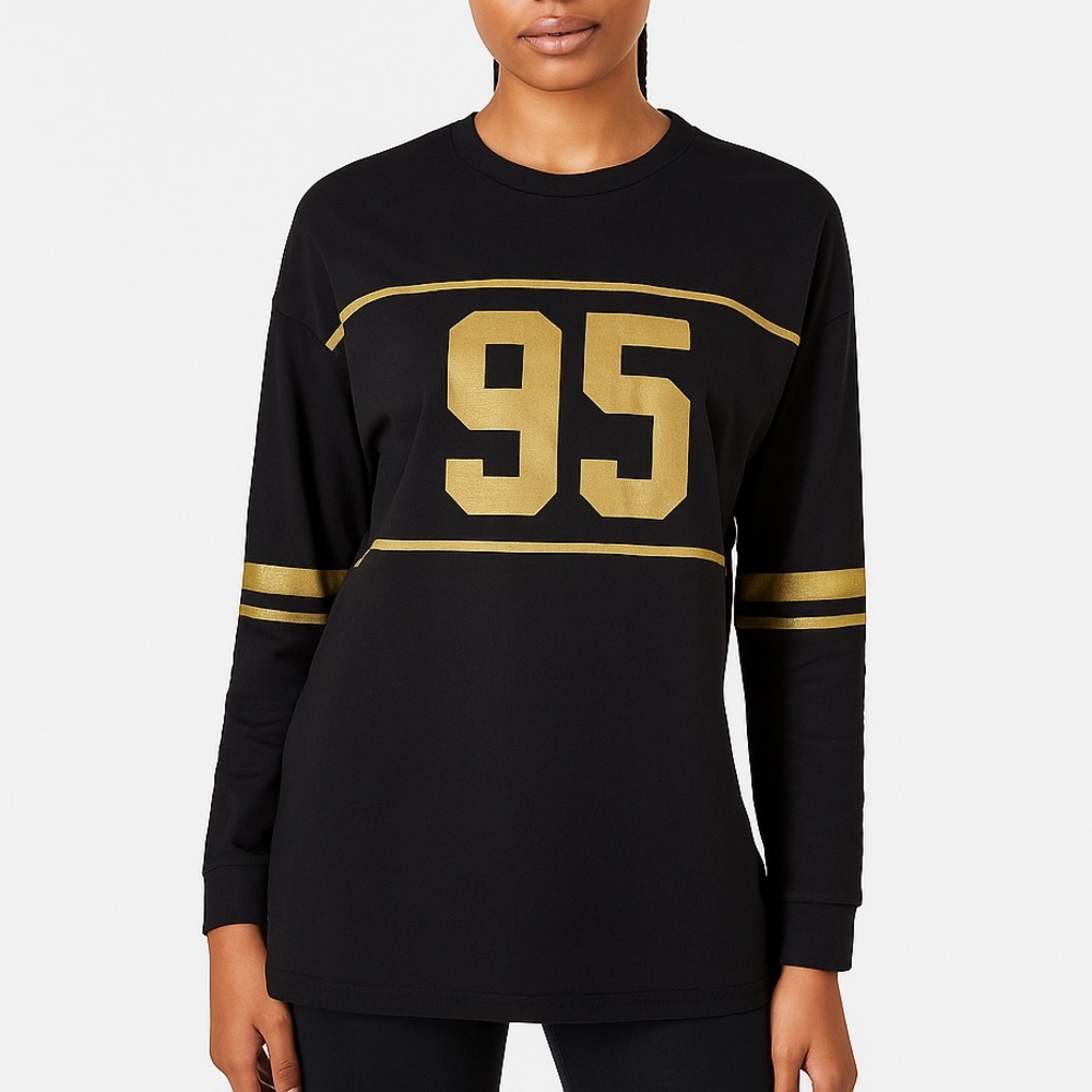 TOPSHOP Black and Gold 95 Long Sleeve Sports Jersey Style Crewneck